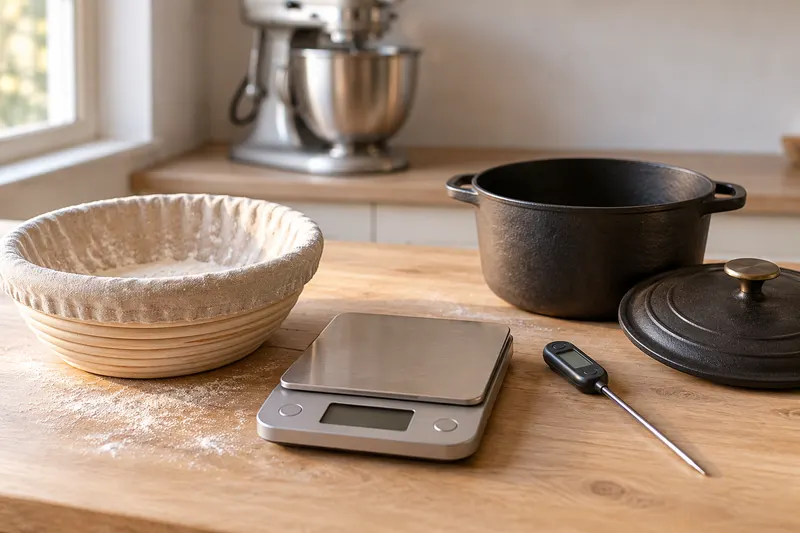 Balance, banneton, thermomètre et cocotte sur un plan de travail, avec un robot en arrière-plan