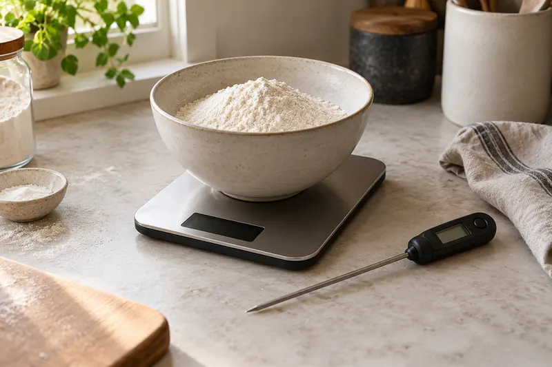 Bol de farine sur une balance et thermomètre à sonde posé à côté