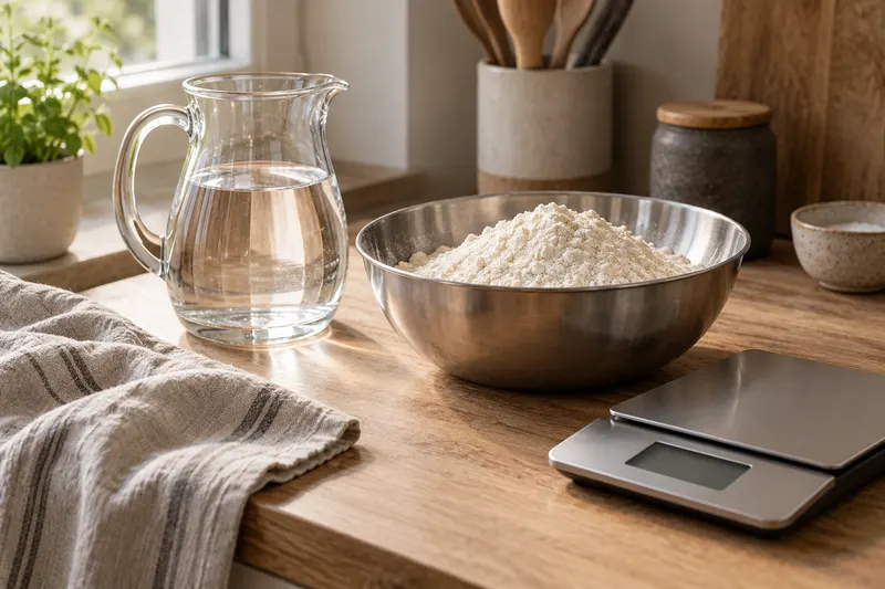 Pichet d’eau et bol de farine posés à côté d’une balance de cuisine