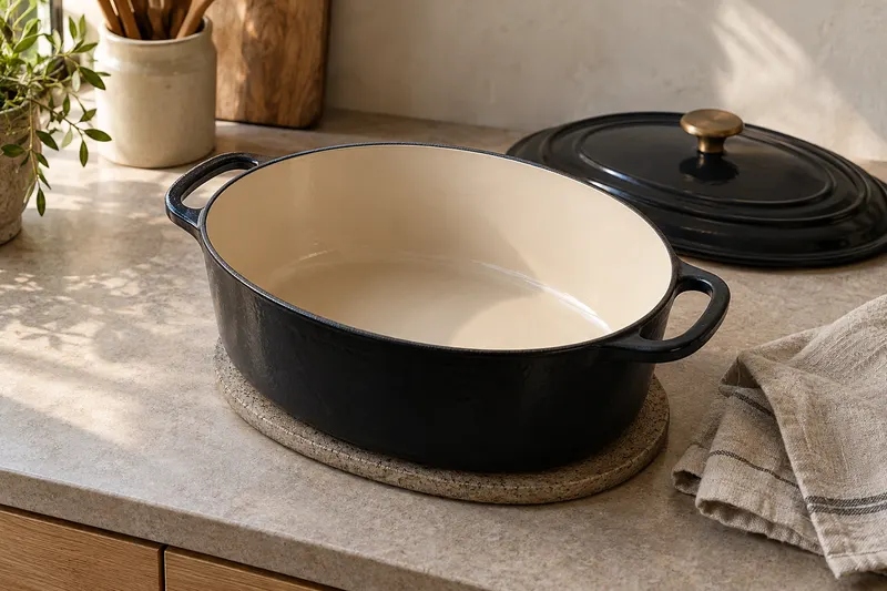 Cocotte ovale émaillée vide, avec son couvercle posé derrière
