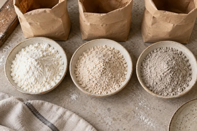 Trois coupelles présentant des farines de couleurs et de textures différentes