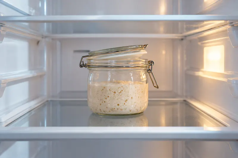 Petit bocal de levain sur une étagère de réfrigérateur, avec son couvercle entrouvert