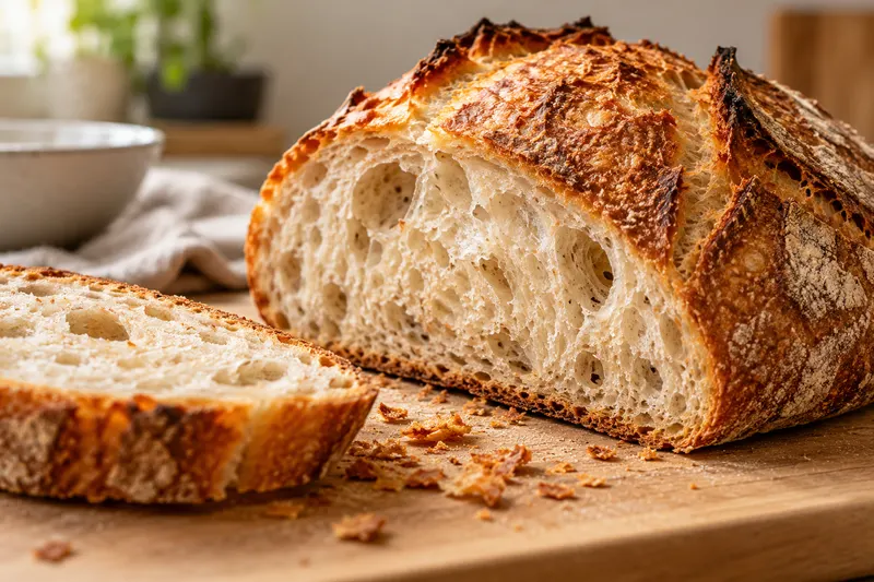 Gros plan de la croûte dorée d’un pain entamé et de quelques éclats sur la planche