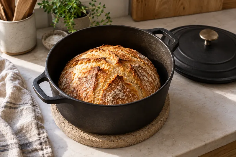 Pain rond doré dans une cocotte noire ouverte, posée sur un dessous-de-plat