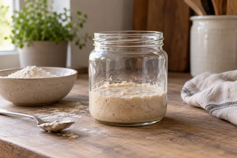 Petite quantité de mélange de farine et d’eau au fond d’un bocal en verre