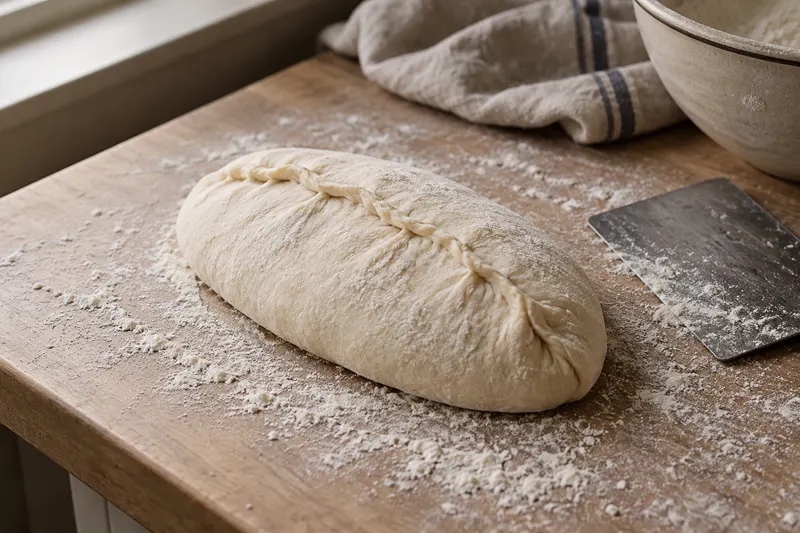 Pâton ovale présentant un pli de fermeture, près d’un coupe-pâte