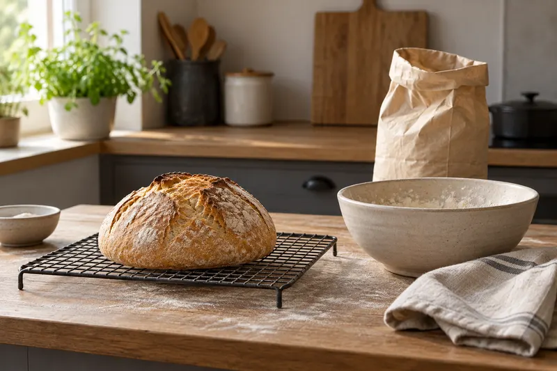 Petit pain refroidissant sur une grille, près d’un bol et d’un sachet de farine