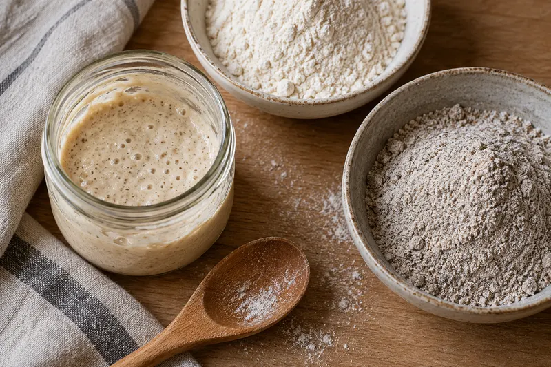 Bocal de levain à côté de deux bols de farines de couleurs différentes