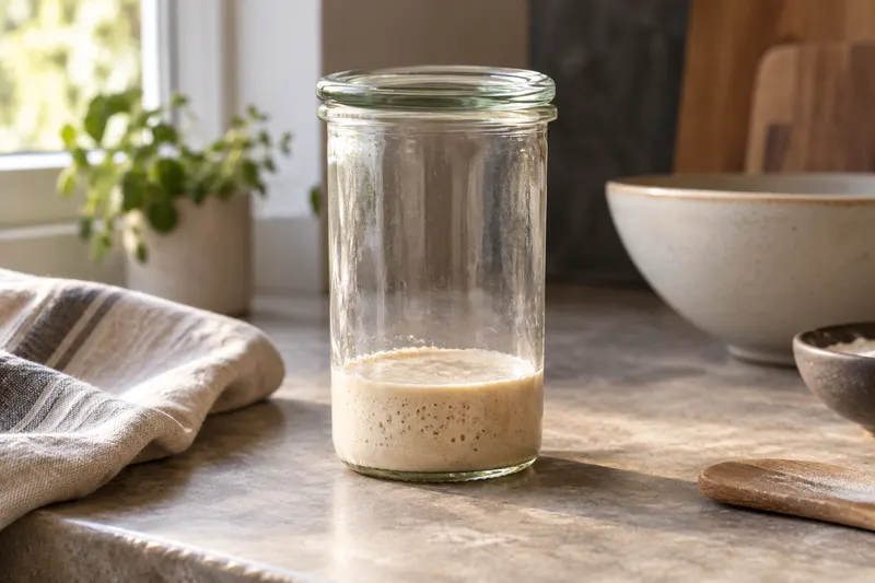 Faible hauteur de levain dans un grand bocal transparent, avec quelques petites bulles