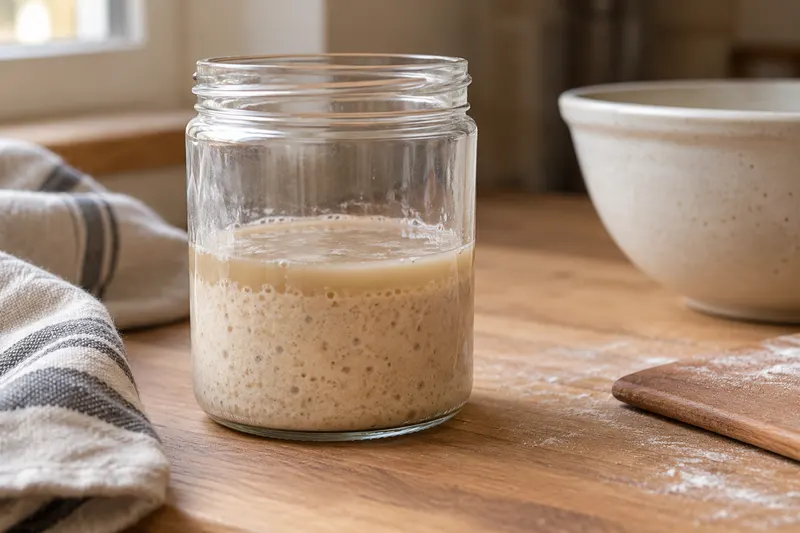 Bocal de levain présentant une fine couche de liquide beige en surface