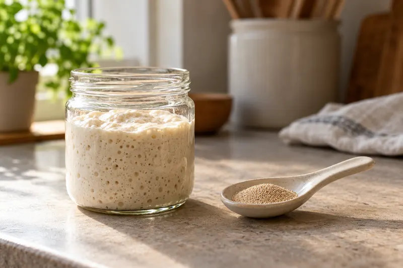 Bocal de levain et cuillère de levure sèche présentés côte à côte