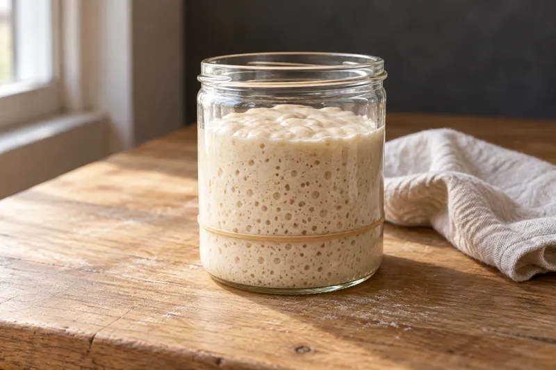 Bocal de levain alvéolé, avec un élastique autour du verre