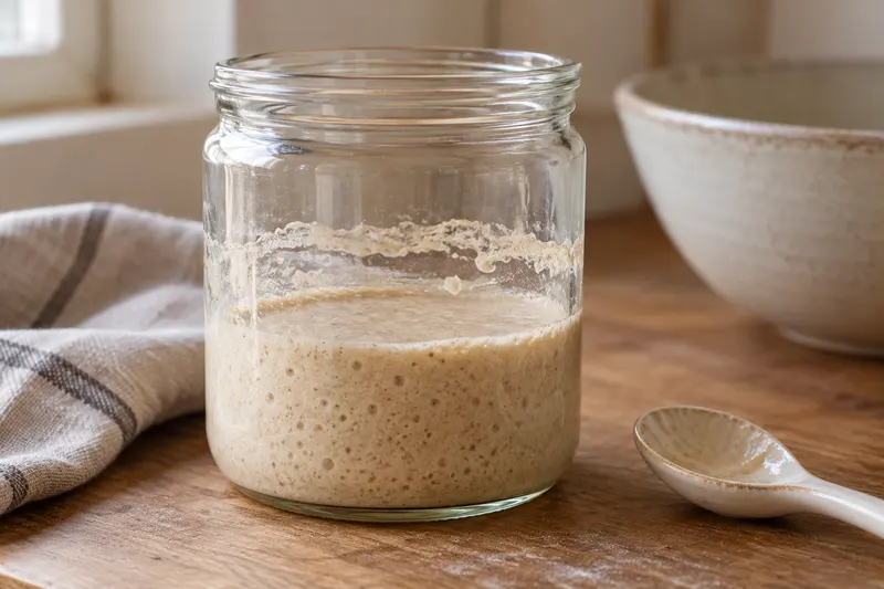 Bocal de levain avec une trace de niveau sur la paroi au-dessus de la surface