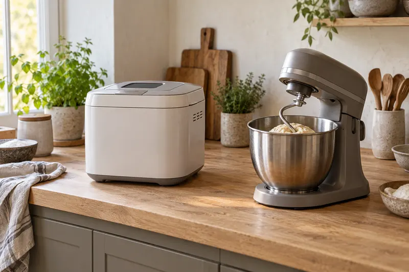 Machine à pain et robot avec cuve métallique présentés côte à côte