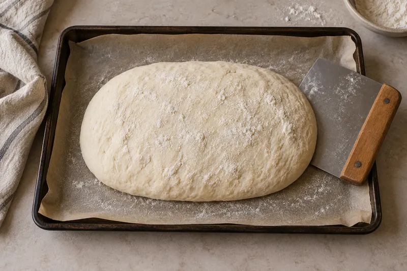 Pâton large et bas sur une plaque tapissée de papier cuisson