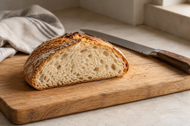 Demi-pain coupé montrant sa mie sur une planche en bois