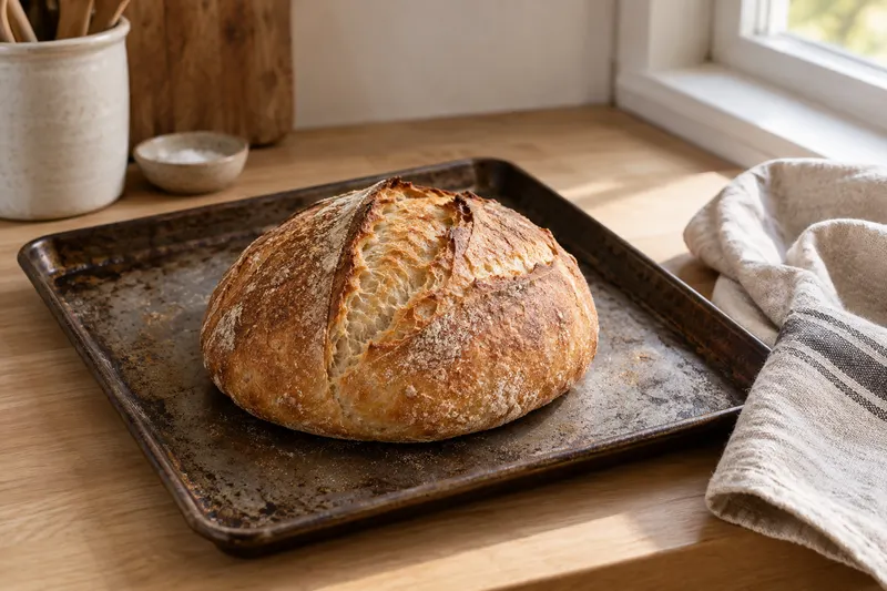 Pain rond posé sur une plaque de cuisson métallique