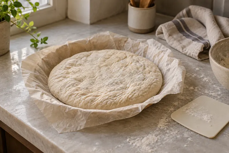 Pâton aplati et légèrement ridé sur une feuille de papier cuisson