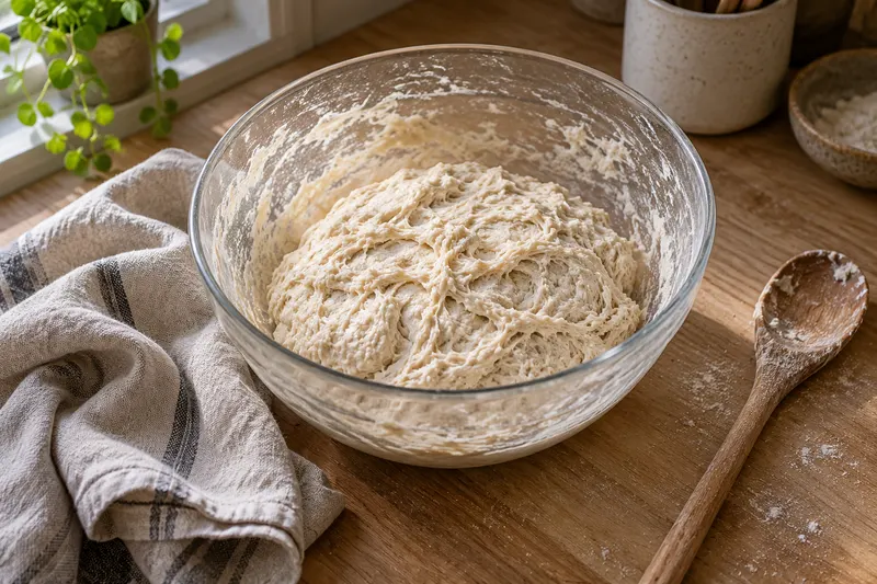 Pâte humide reposant dans un saladier transparent, avec une cuillère en bois à côté