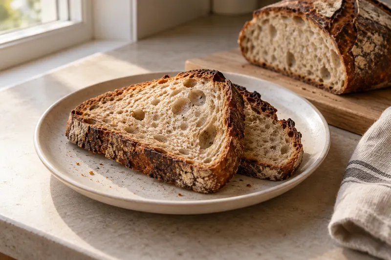 Tranches de pain au levain sur une assiette, avec un morceau de pain à l’arrière-plan
