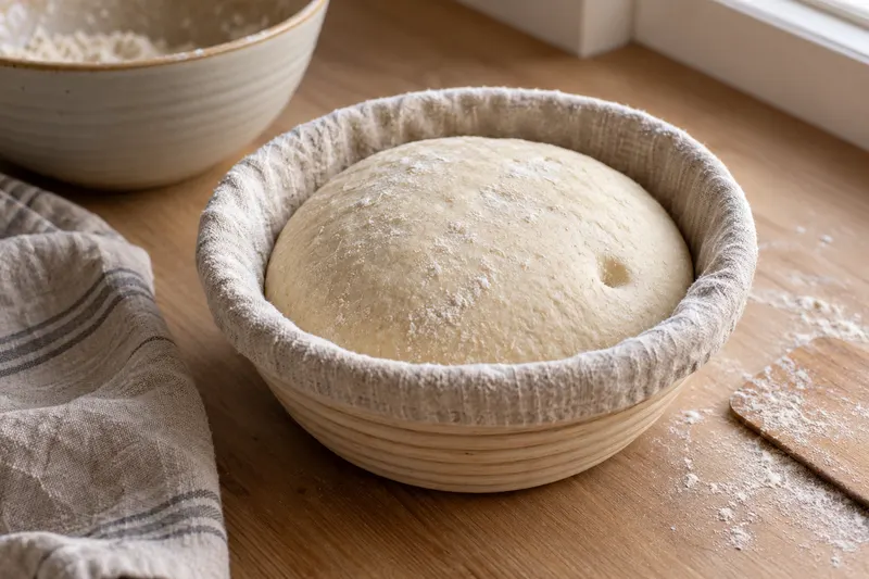 Pâton bombé dans un panier fariné avec une petite empreinte près du bord