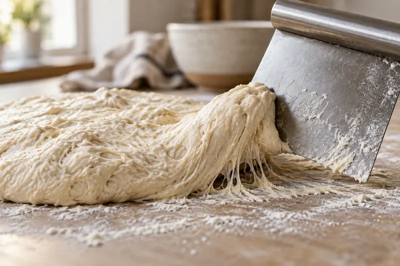 Coupe-pâte soulevant une pâte souple qui forme des filaments sur le plan de travail