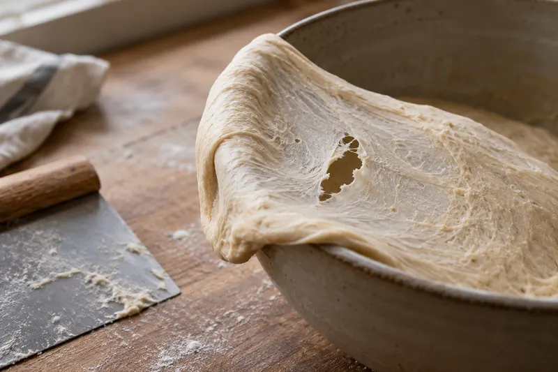 Fine membrane de pâte présentant une déchirure sur le bord d’un bol