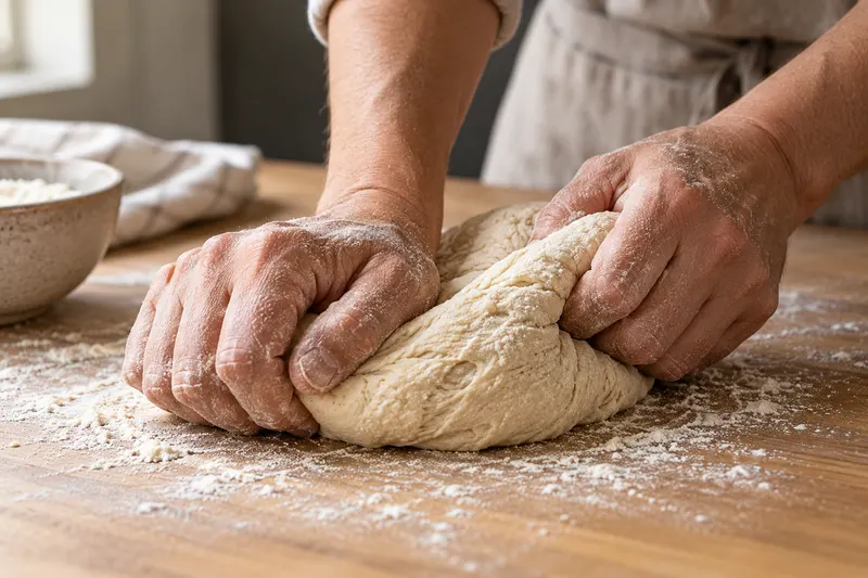 Mains farinées repliant et pressant une pâte sur un plan de travail