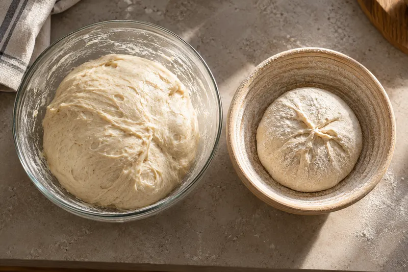 Saladier de pâte en masse et petit pâton façonné dans un panier de fermentation