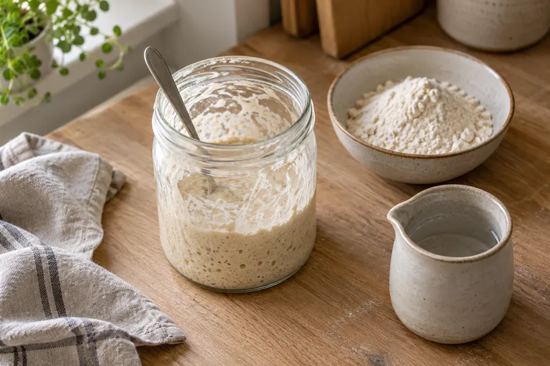 Bocal de levain avec une cuillère, accompagné de farine et d’un petit pichet