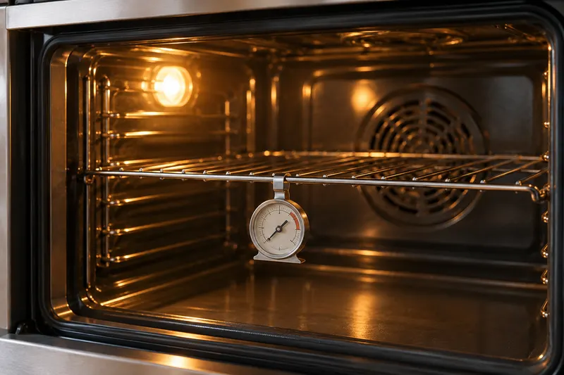 Thermomètre de four posé sur une grille dans un four domestique