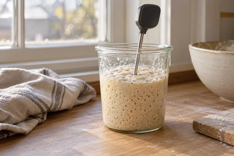 Sonde de thermomètre insérée dans un bocal de levain, afficheur tourné vers l’arrière