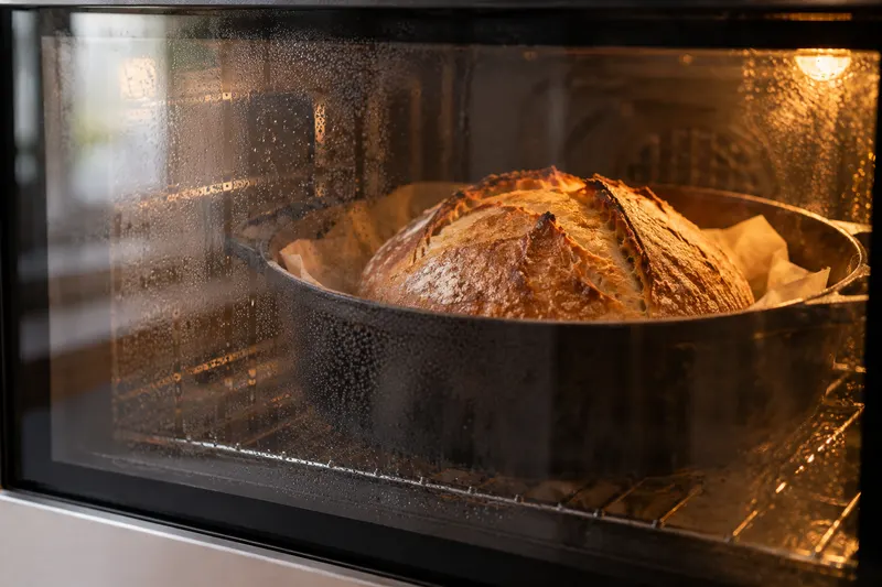 Pain dans une cocotte vu à travers la porte fermée d’un four, avec de la condensation